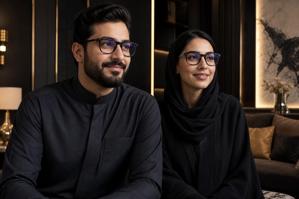 زوجان سعوديان يرتديان نظارات LUCIRA VisionFlow™ في إطلالة فاخرة