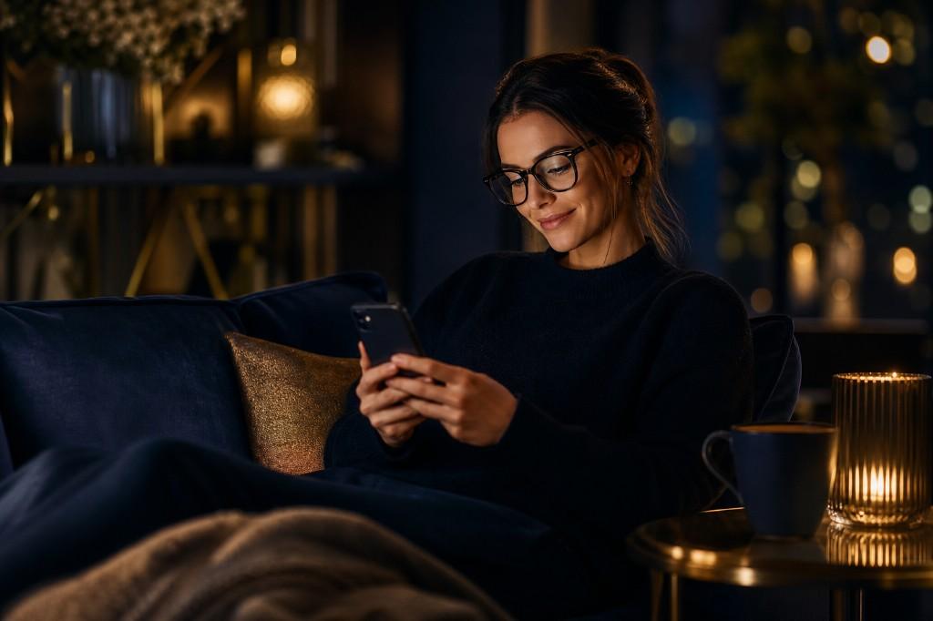 امرأة تتصفح الجوال مساءً بارتياح مع نظارات LUCIRA VisionFlow™