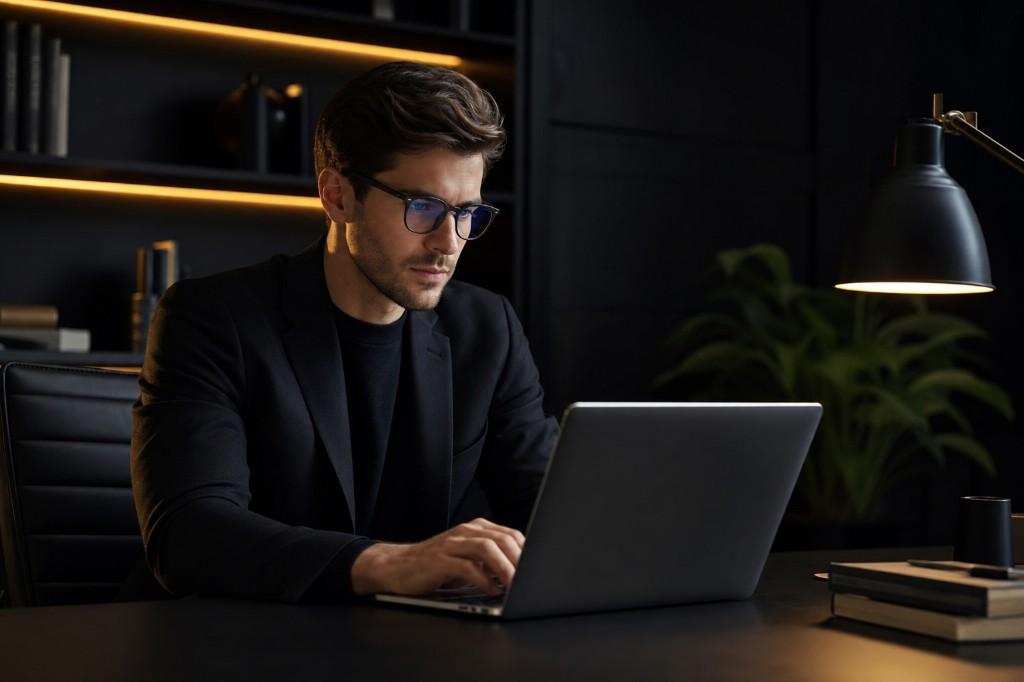 محترف يرتدي LUCIRA VisionFlow™ أمام اللابتوب — تركيز بلا صداع